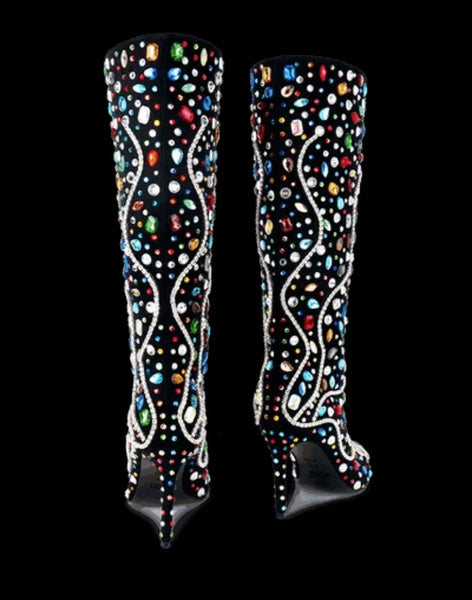 Women Fashion Black Color Crystal Knee High Boots