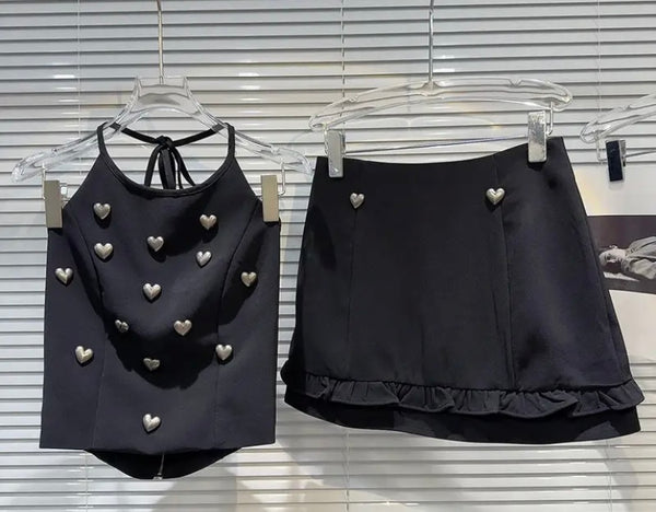 Women Black Halter Sleeveless Heart Two Piece Skirt Set