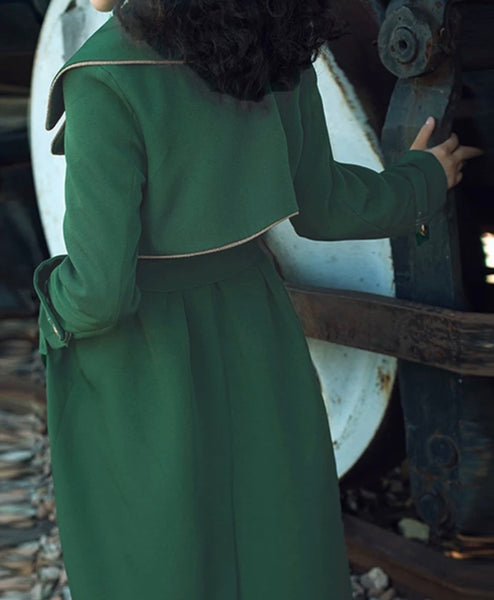 Women Green Button Up Fashion Trench Jacket