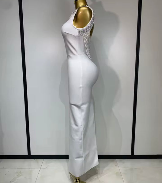 Women Sexy Rhinestones Pearl Open Back Maxi Dress