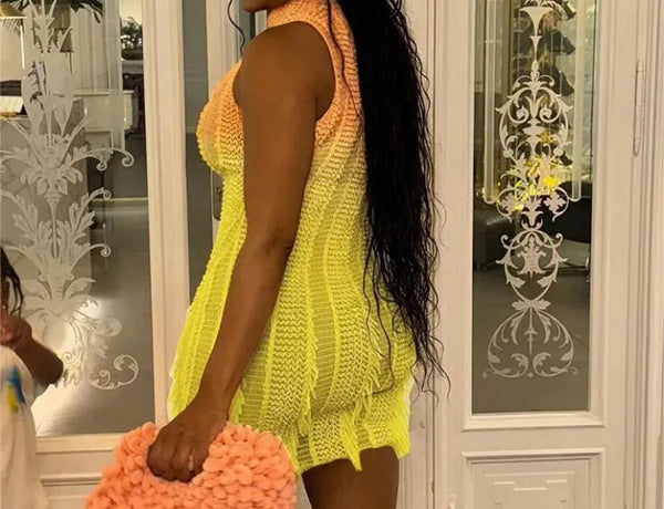 Women Sexy Sleeveless Yellow Gradient Fringe Dress