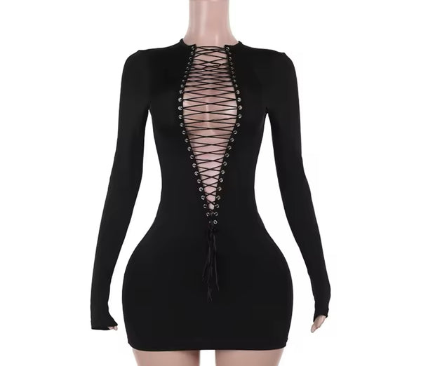 Women Sexy Open Lace Up Black Full Sleeve Short/Maxi Dress