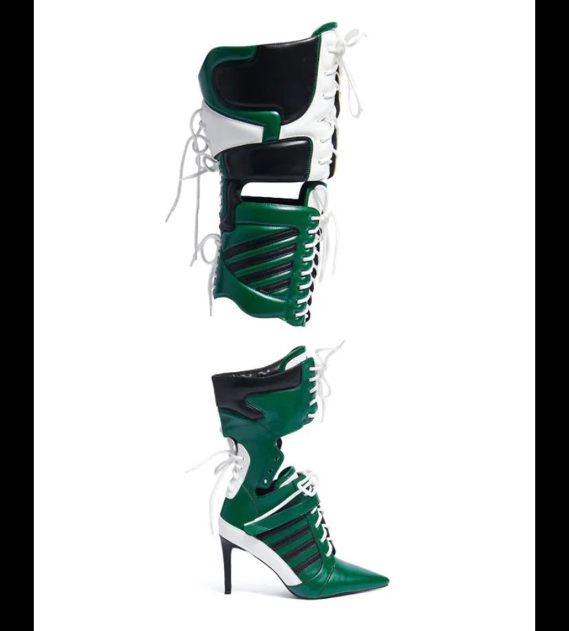 Women Fashion Color Patchwork Lace Up Over The Knee Boots