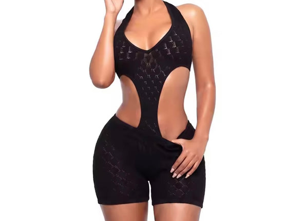 Women Sexy Halter Sleeveless Open Back Mesh Romper