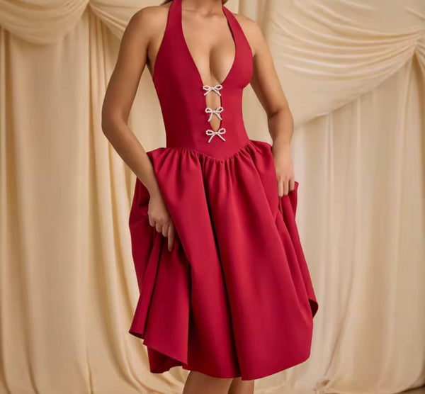 Women Sexy Pearl Bow Cut Out Halter Sleeveless Dress