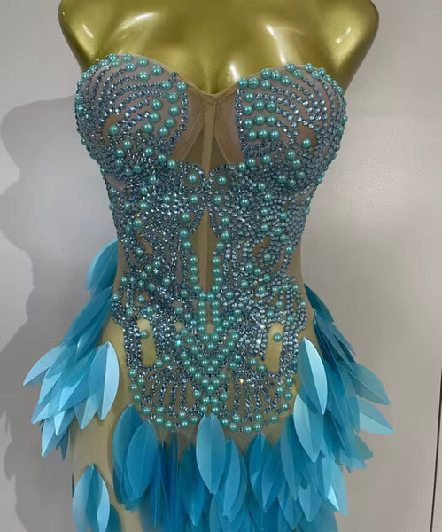 Women Sexy Strapless Beaded Sequins Side Split Maxi Dress