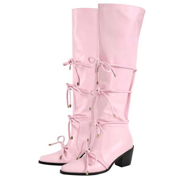 Women Fashion Faux Leather Pointed Toe Tie Up Knee High Boots