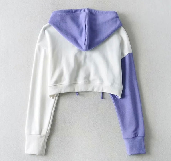 Women Fashion Color Patchwork Hooded Crop Top