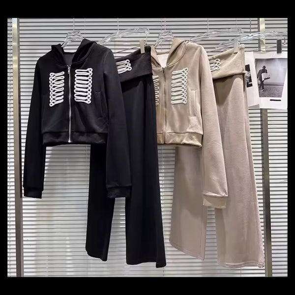 Women Embroidered Hooded Full Sleeve Two Piece Tracksuit Pant Set