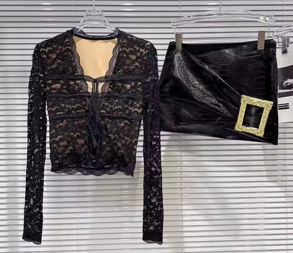 Women Sexy Fashion Lace Full Sleeve Two Piece Buckle PU Skirt Set
