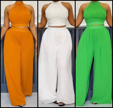 Women Solid Color Sleeveless Crop Two Piece Wide Leg Pant Set
