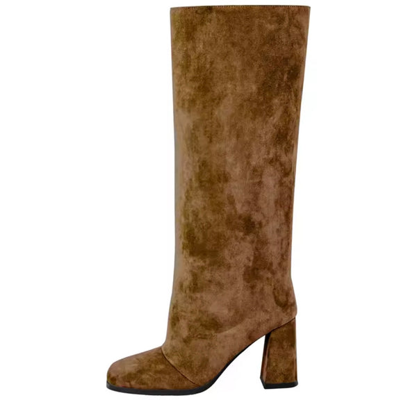 Women Fashion Color Square Toe Suede Knee High Boots