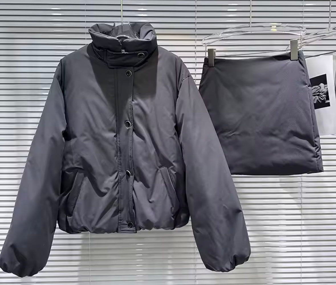 Women Fashion Puff Button Up Jacket Two Piece Skirt Set