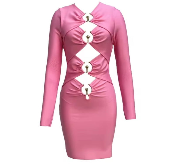 Women Sexy Pink Metal Cut Out Full Sleeve Dress
