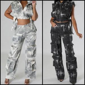 Women Fashion Camouflage Hooded Sleeveless Two Piece Cargo Denim Pant Set