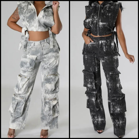 Women Fashion Camouflage Hooded Sleeveless Two Piece Cargo Denim Pant Set