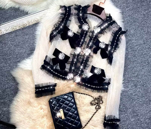 Women B&W Beaded Rhinestone See Through Mesh Jacket