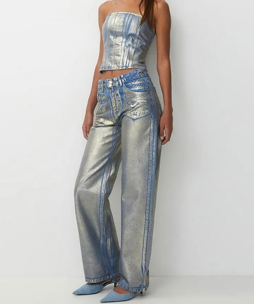 Women Sexy Fashion Strapless Metallic Denim Two Piece Pant Set