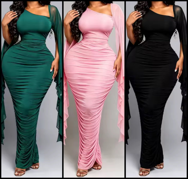 Women Sexy Flare Sleeve Ruched Maxi Dress
