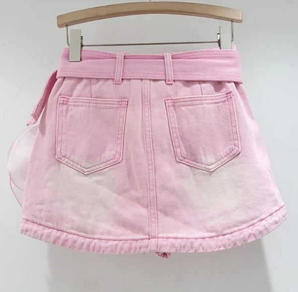 Women Fashion Pink Floral Denim Skirt