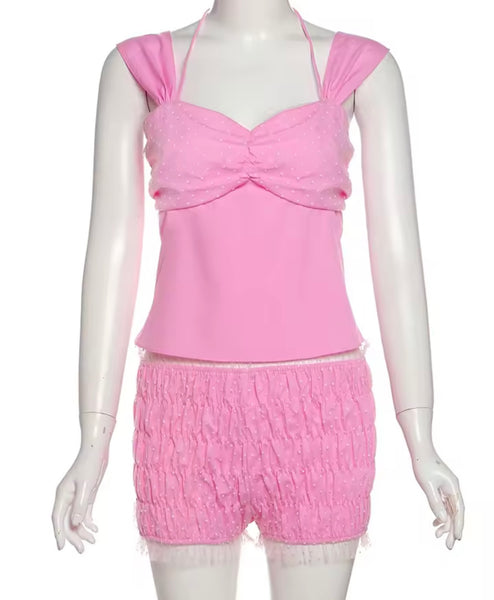 Women Color Sleeveless Fashion Ruched Two Piece Short Set