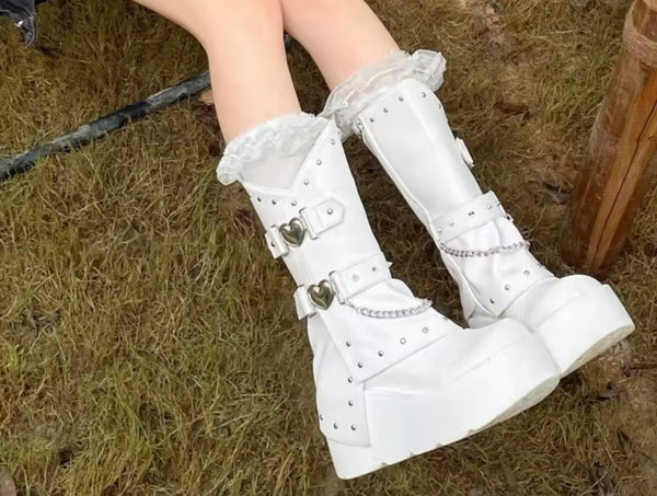 Women Heart Rivet Chain Zip Up Platform Ankle Boots