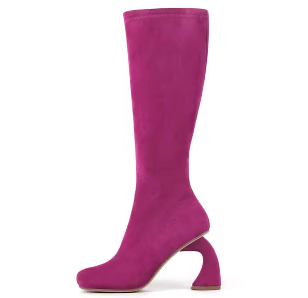 Women Color Square Toe Fashion Knee High Shaped Heel Boots