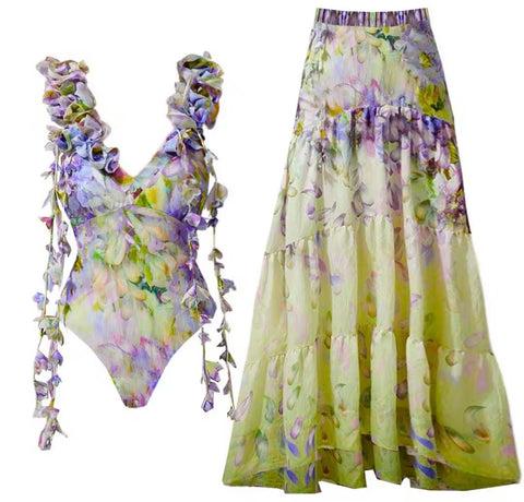 Women Sexy Floral Print Tassel Swimsuit Cover Up Set