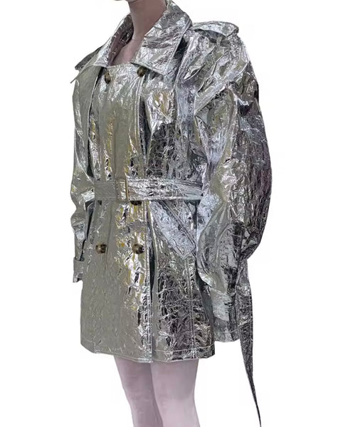 Women Silver Metallic Fashion Trench Jacket