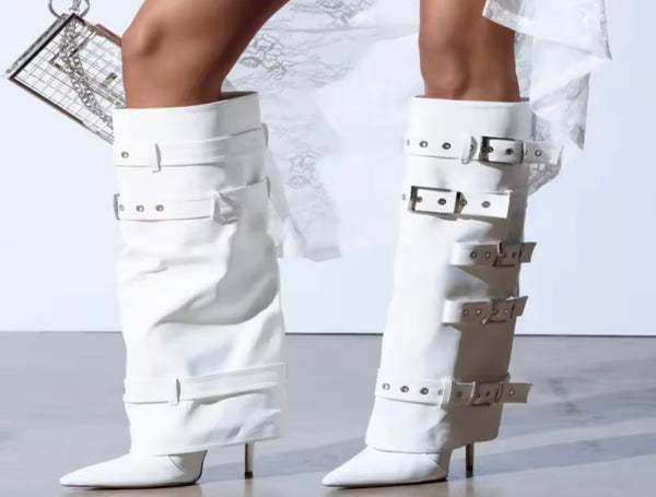Women White Pointed Toe Buckled Fashion Knee High Boots
