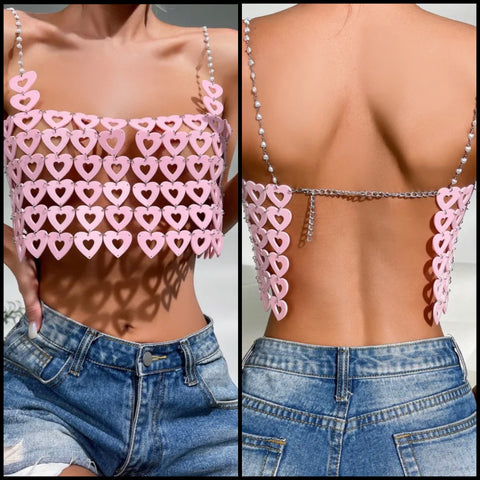 Women Sexy Sleeveless Pink Heart Chain Crop Top