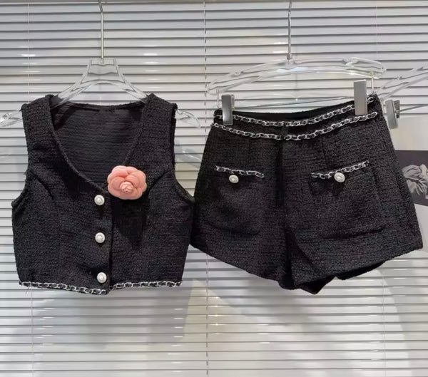 Women Button Up Flower Chain Sleeveless Tweed Two Piece Short Set