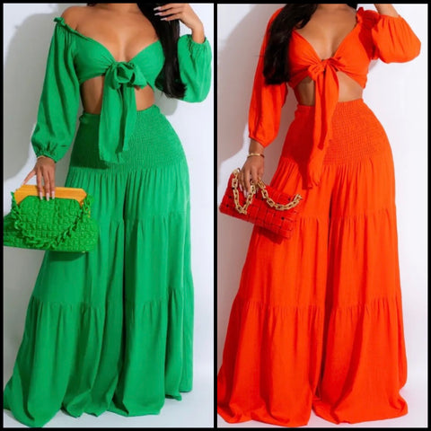 Women Sexy Solid Color Full Sleeve Two Piece Wide Leg Pant Set