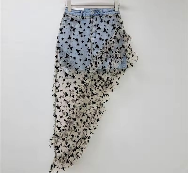 Women Fashion Printed Mesh Asymmetrical Denim Skirt
