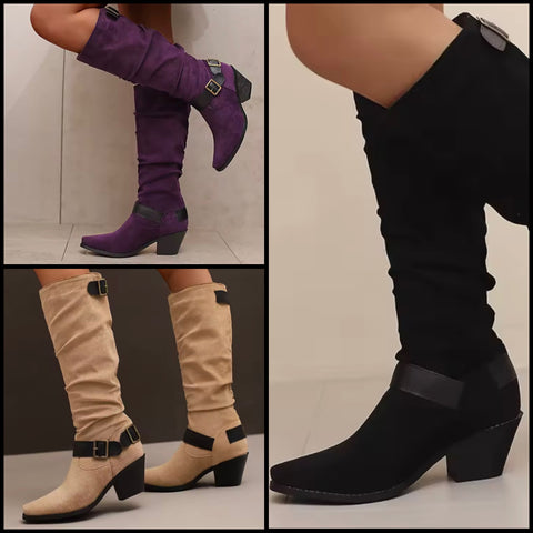 Women Color Fashion Buckled Suede Knee High Western Boots