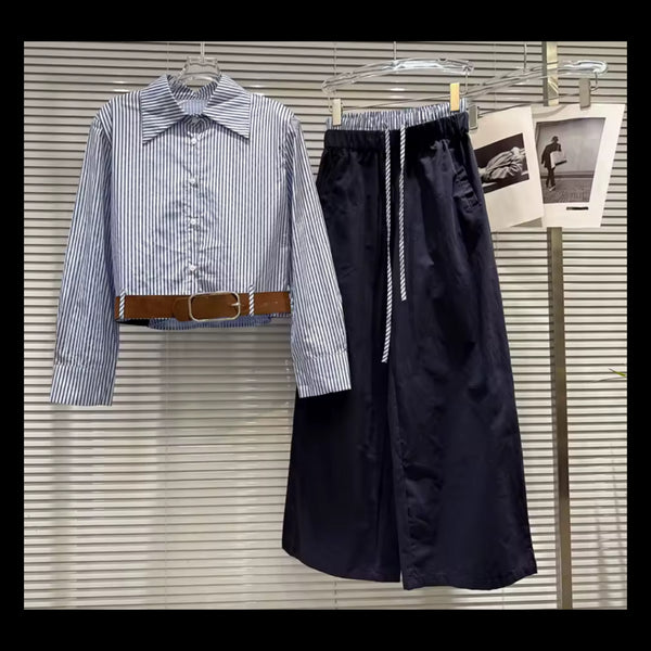 Women Blue Striped Collar Full Sleeve Two Piece Wide Leg Pant Set