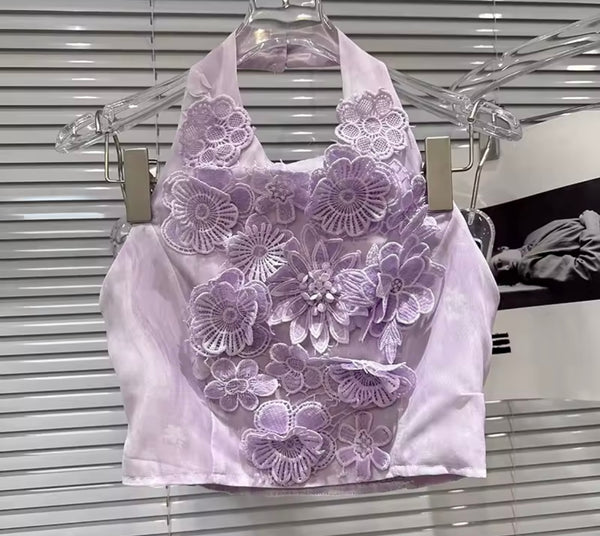 Women Sexy Purple Floral Halter Sleeveless Two Piece Maxi Skirt Set