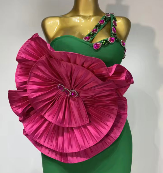 Women Green One Shoulder Crystal Sleeveless Pink Floral Dress