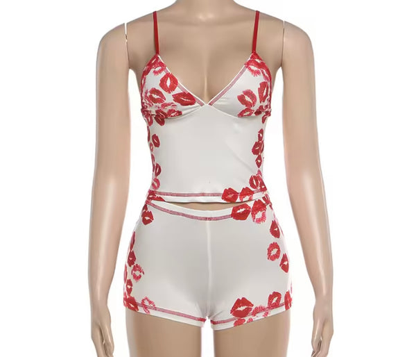Women Sleeveless Sexy Lip Print Two Piece Short Set
