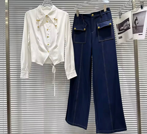 Women White Collar Button Up Full Sleeve Two Piece Denim Pant Set
