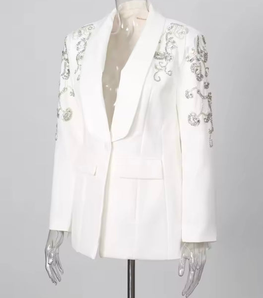 Women Fashion Floral Rhinestone Embellishment Blazer Two Piece Pant Set