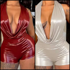 Women Sexy Halter Sleeveless PU Jumpsuit