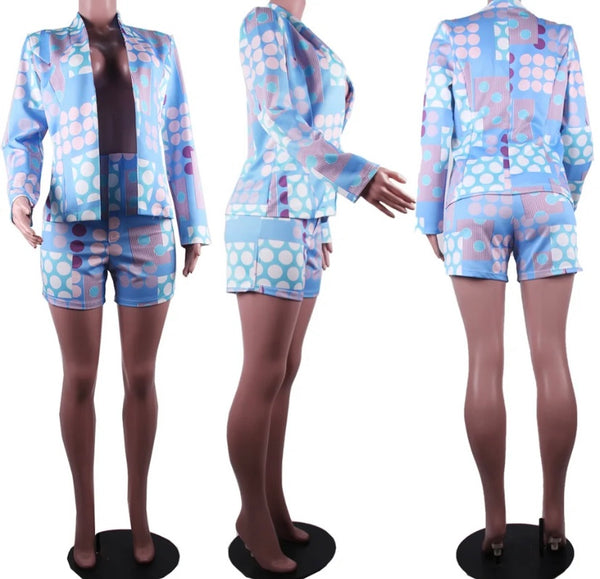 Women Colorful Print Full Sleeve Fashion Blazer Two Piece Short Set