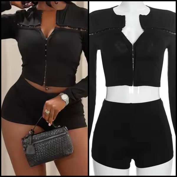 Women Black Sexy Fashion Full Sleeve Two Piece Short Set