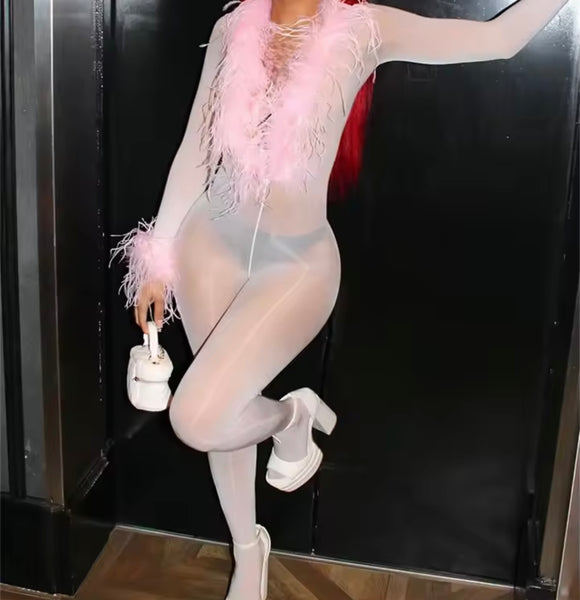 Women Sexy Feather Full Sleeve Mesh Feet In Jumpsuit