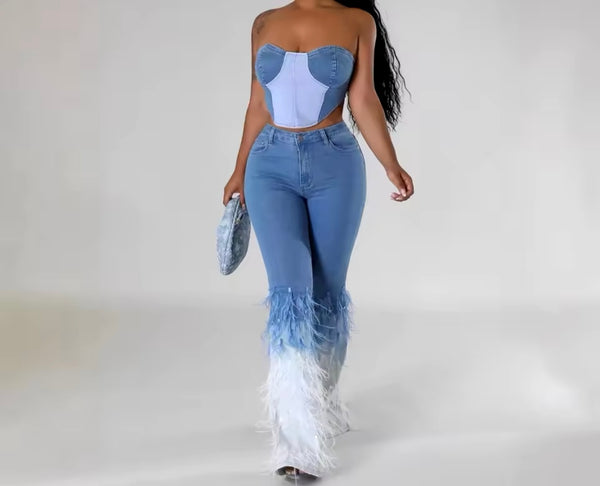 Women Sexy Strapless Denim Two Piece Feather Pant Set