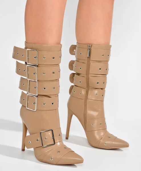 Women Fashion Pointed Toe Buckled Ankle Boots