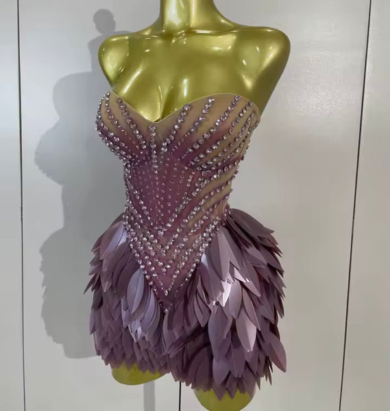 Women Purple Sexy Strapless Sequins Rhinestone Mesh Dress