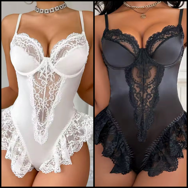 Women Sexy Satin Lace Bodysuit Lingerie