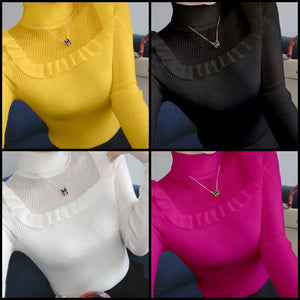 Women Fashion Color Turtleneck Ruffled Full Sleeve Top